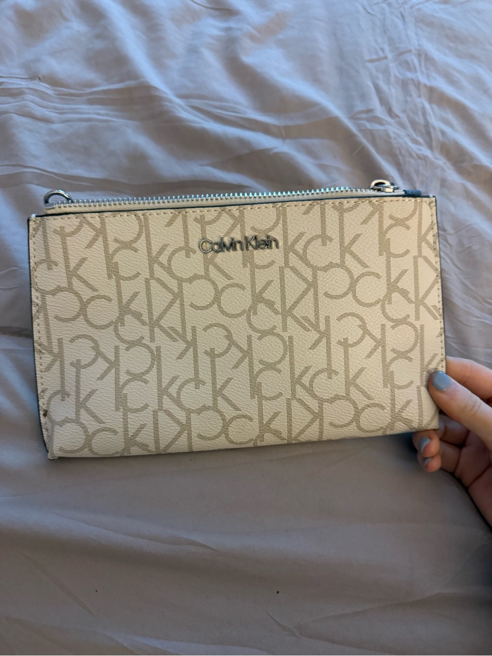 Calvin Klein Cream Logo Zip Wristlet Clutch